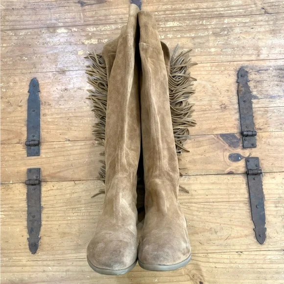 Aldo Cyndy Suede Fringe Detail Tall Boots 9 Pull On Bohemian Western Casual - Picture 3 of 14